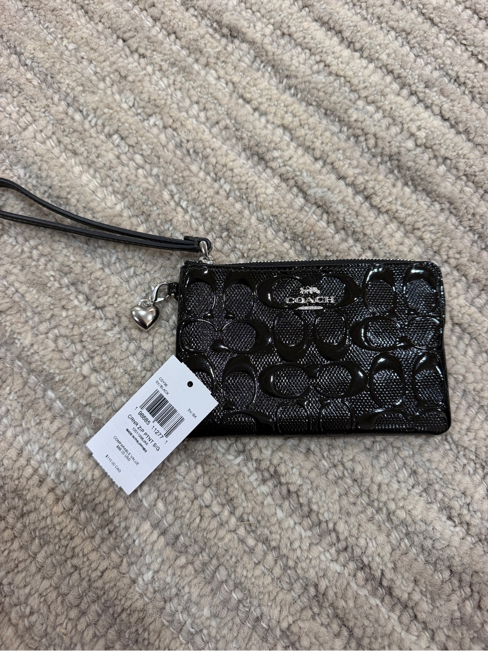 Coach Black Patent Signature Wristlet Card Case with Heart Charm